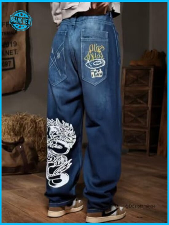 Y2K Baggy Jeans Vintage High Waist Wide Leg Gothic Print Street Style - Picture 3 of 5